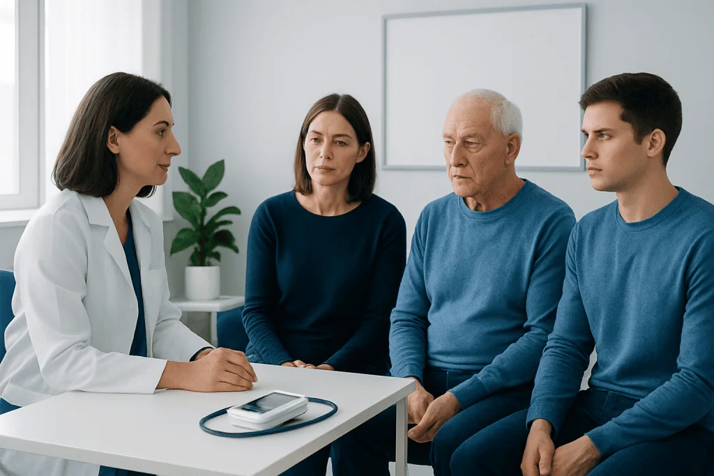 Doctor consulting with patients about blood pressure health.