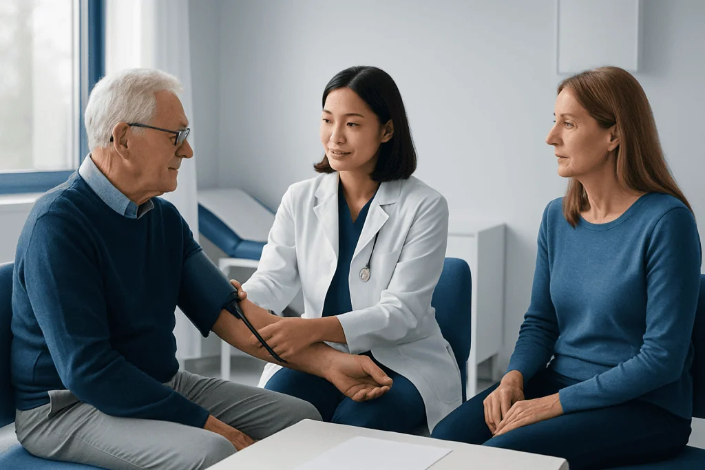 Doctor measuring senior patient's blood pressure in clinic.