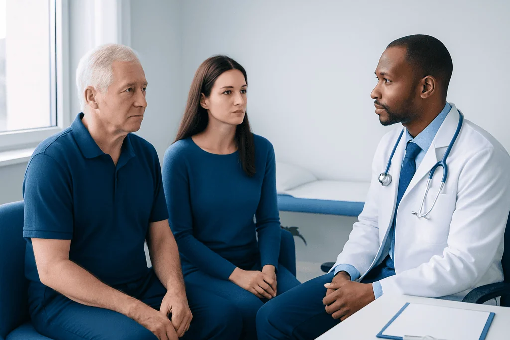 Doctor consulting with patients about blood pressure health.