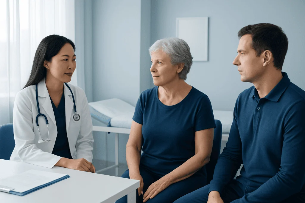 Doctor consulting with elderly woman and her son in a hospital room.