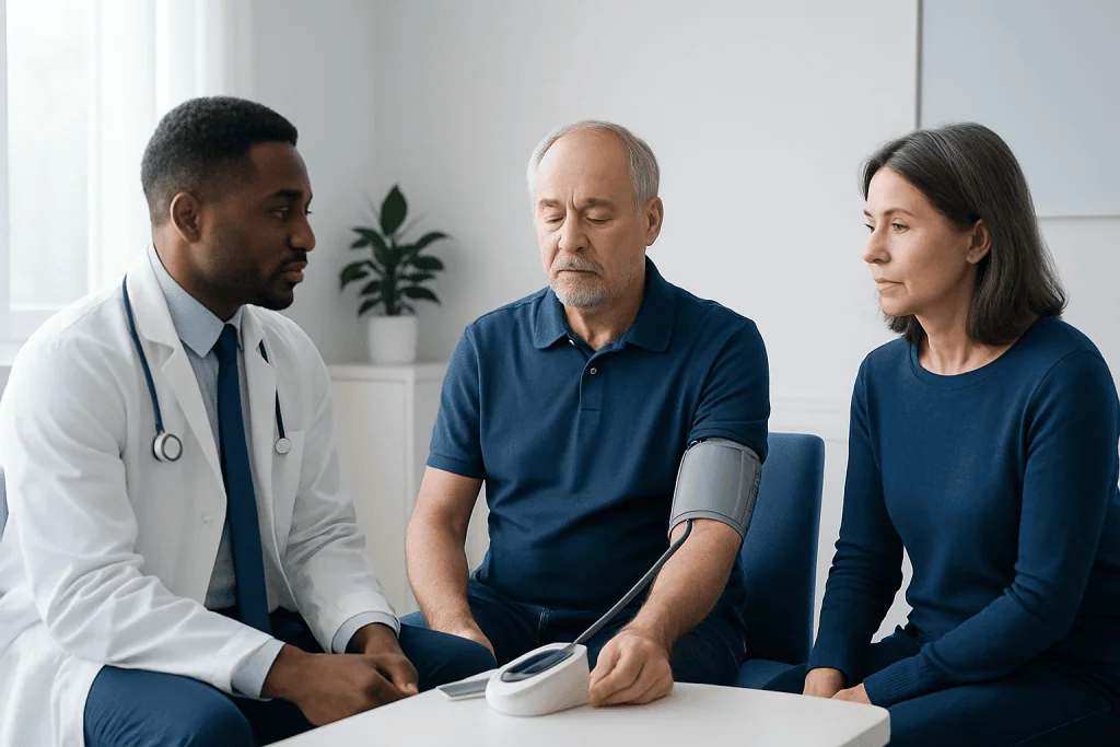 Doctor measuring blood pressure of an elderly patient in a clinic.