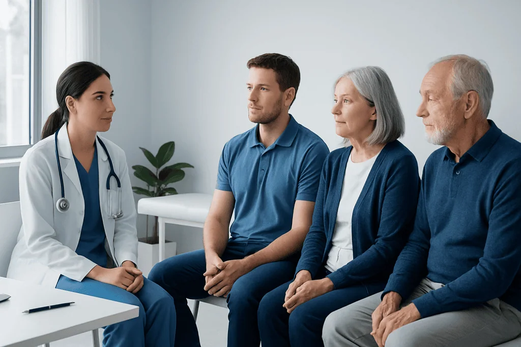 Doctor consulting with a family about blood pressure health.