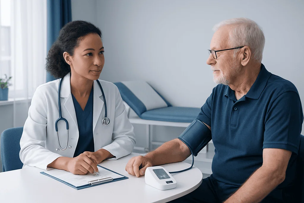 Doctor measuring senior man's blood pressure in clinic setting.