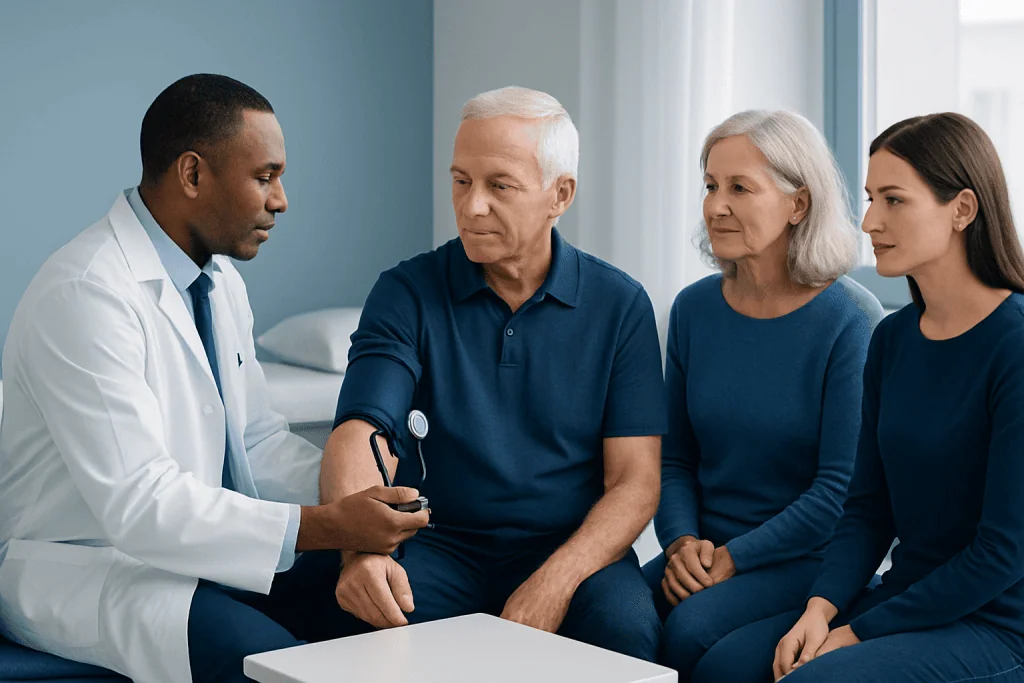 Doctor measuring blood pressure of an elderly man in a consultation room.
