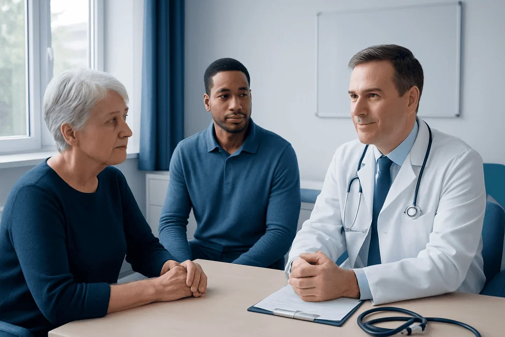 Doctor consulting with elderly woman and young man in hospital office.