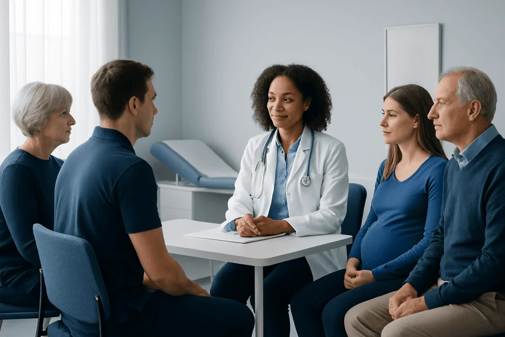 Doctor consulting with a family about blood pressure health.
