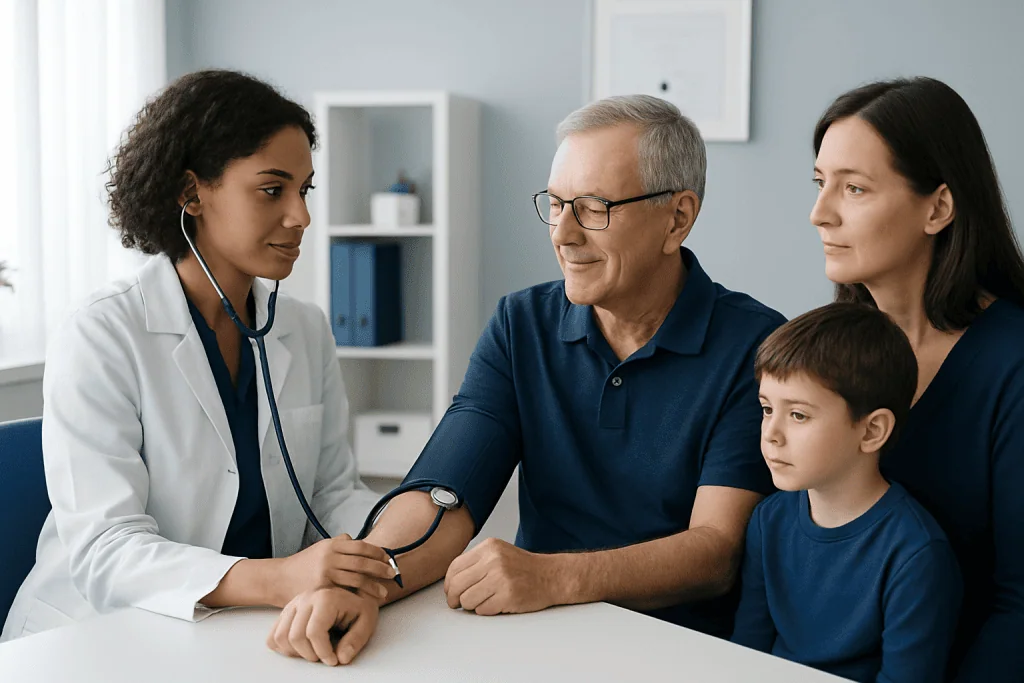 Doctor measuring blood pressure of a patient with family present.