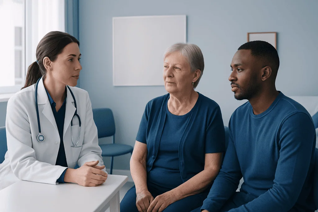 Doctor consulting with elderly patient about health in clinic setting.