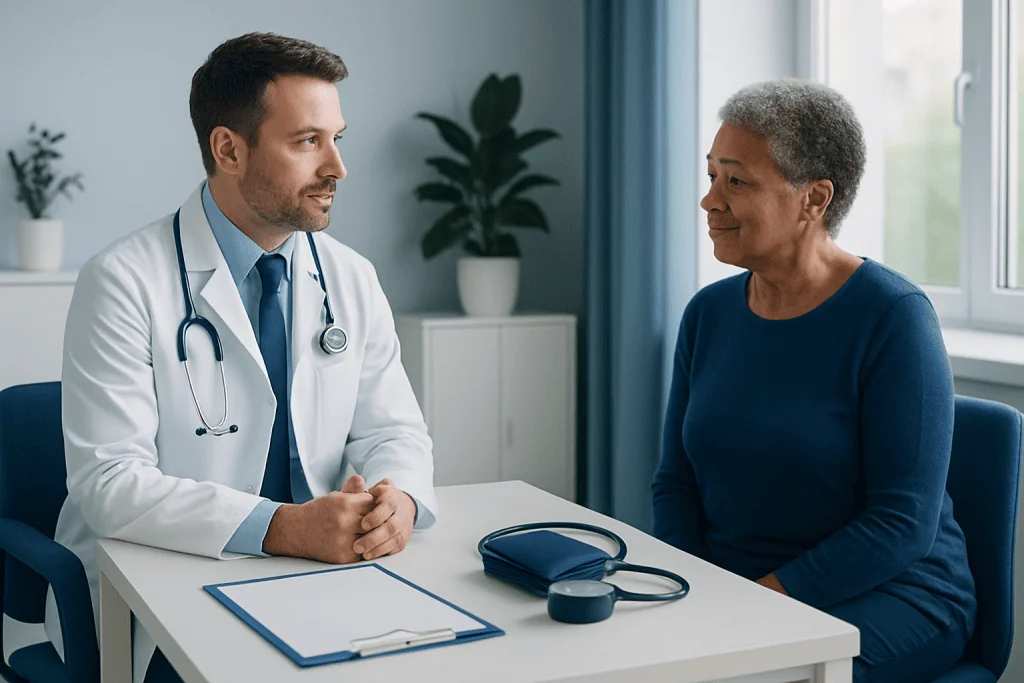 Doctor consulting with an elderly woman in a medical office.