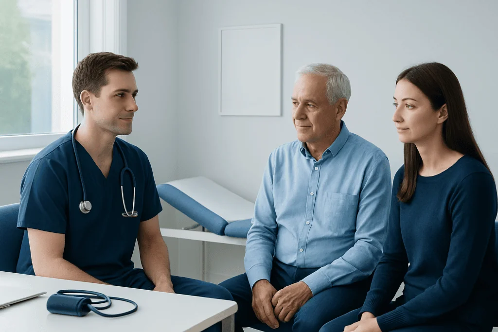 Doctor consulting with a senior patient in a medical office.
