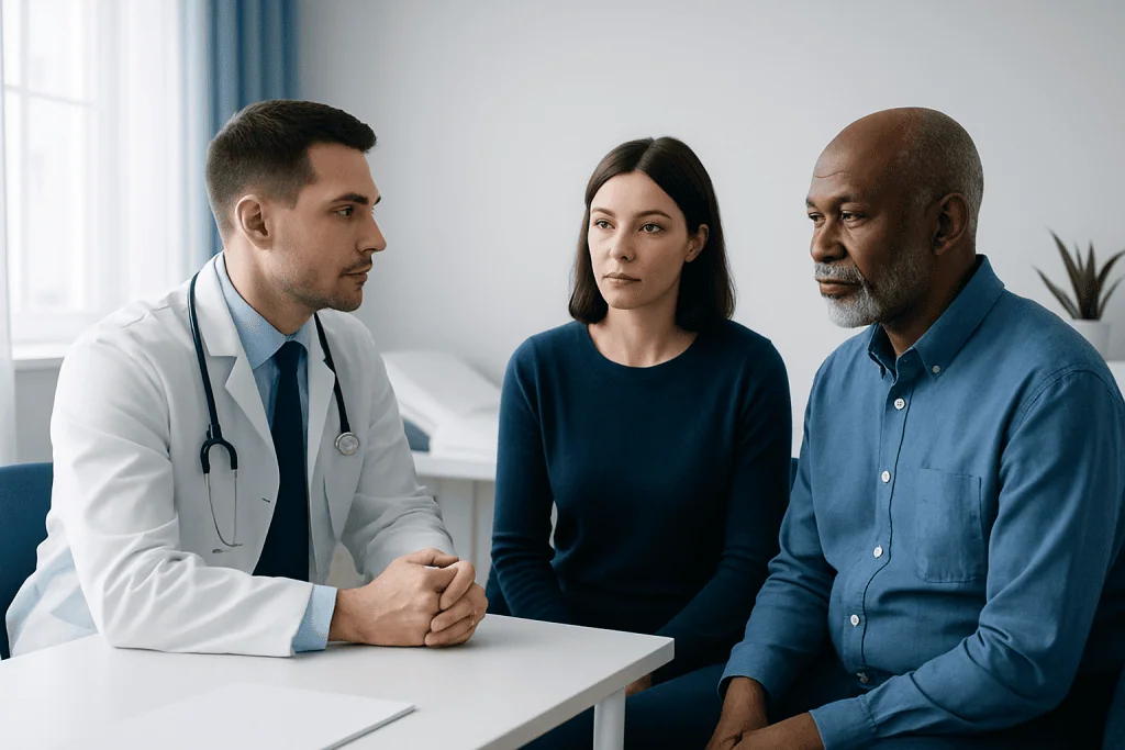 Doctor consulting with a patient about health in a clinic setting.