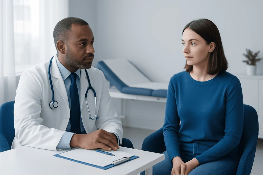 Doctor consulting with a patient in a medical office setting.