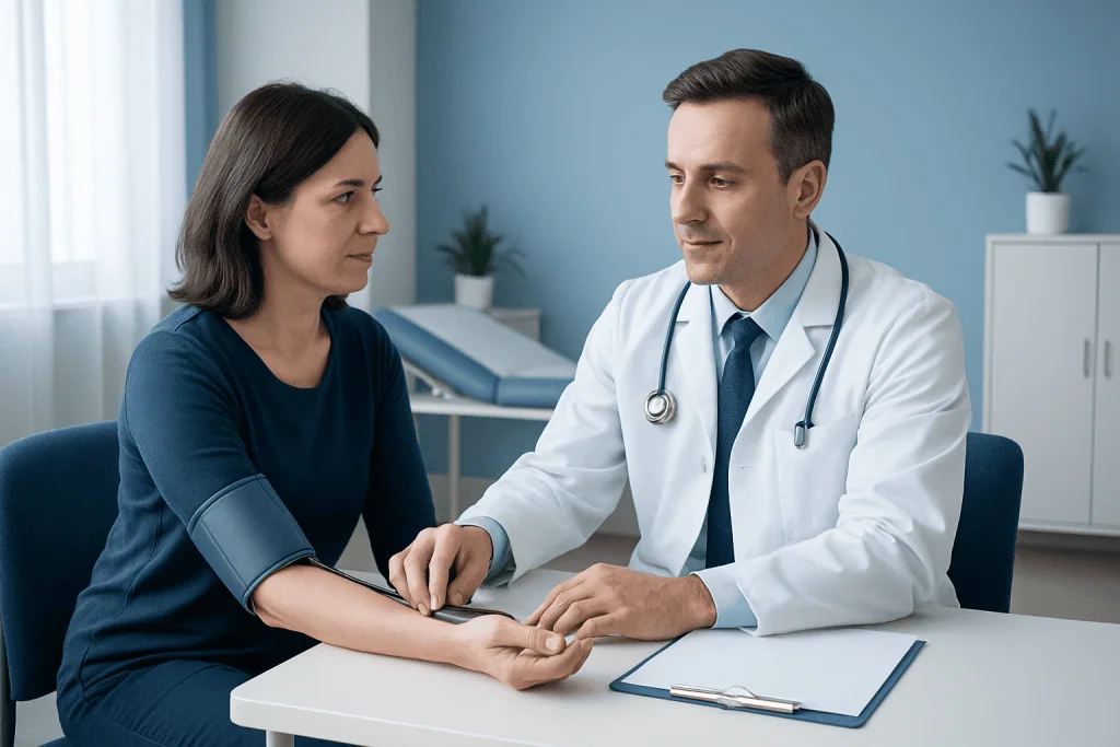 Doctor measuring patient's blood pressure in a clinical setting.