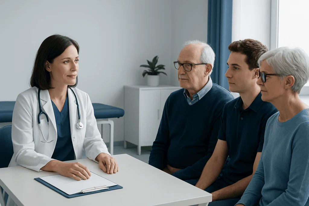 Doctor consulting with elderly patients in a medical office.