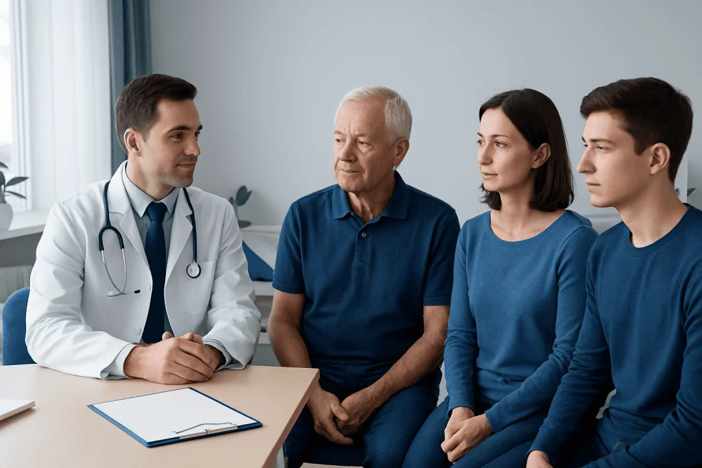 Doctor consulting with a family about blood pressure health.