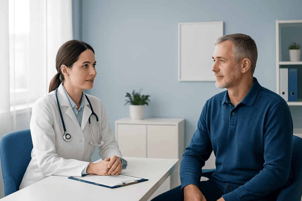Doctor consulting with a patient about blood pressure health in a clinic.