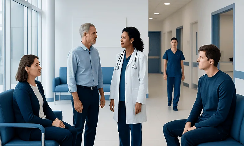 Doctor consulting with patients in a hospital corridor.