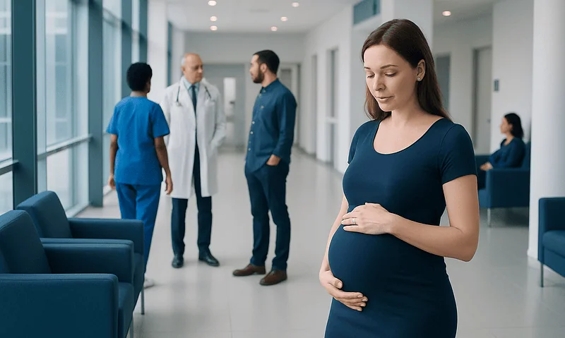 Pregnant woman in hospital corridor with medical staff and visitors.