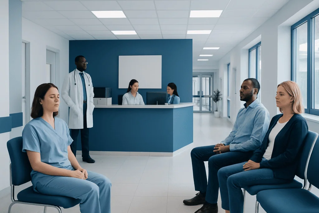 478 Breathing: An Evidence-Based Guide for Patients 1 Patients in a hospital waiting area with medical staff nearby.