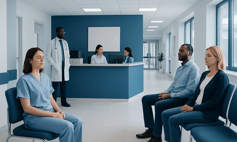 Patients in a hospital waiting area with medical staff nearby.