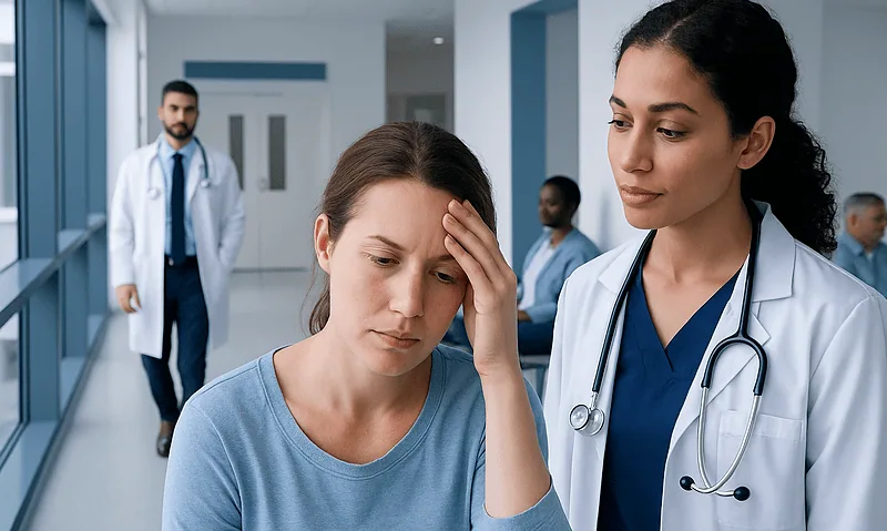 Patient with headache consulting a doctor in hospital corridor.
