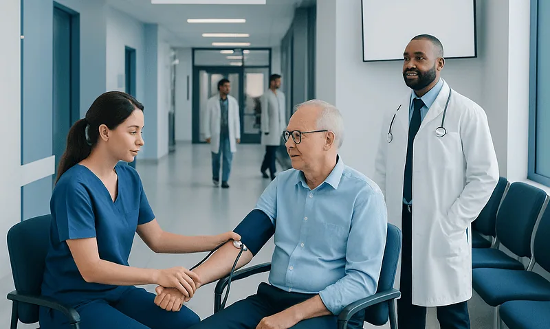 Healthcare professional checks blood pressure of elderly patient in hospital.
