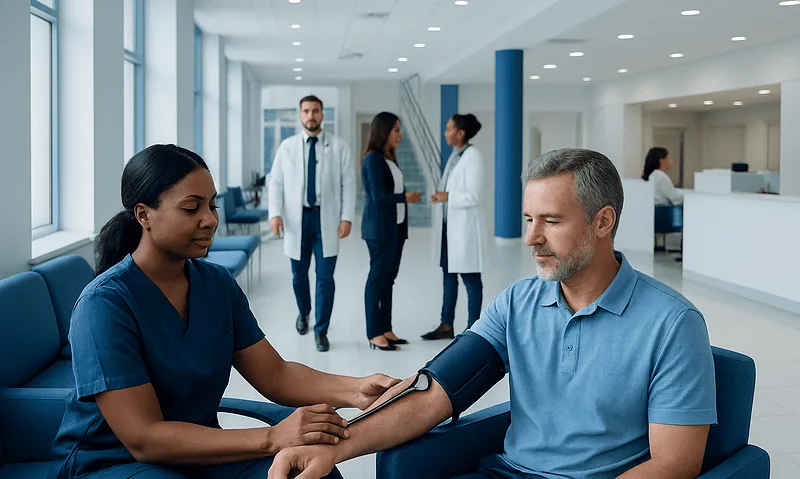 Patient having blood pressure checked by nurse in hospital corridor.