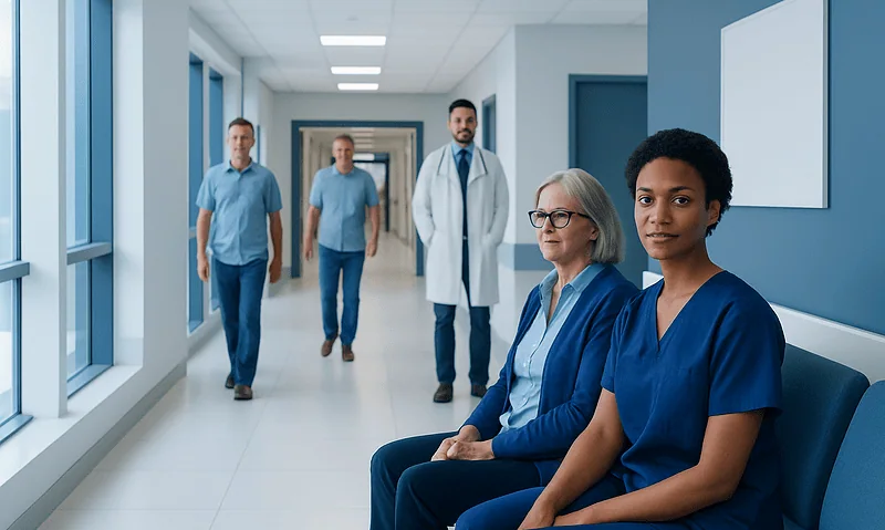 Healthcare professionals waiting in a hospital corridor at Acibadem Hospitals Group.