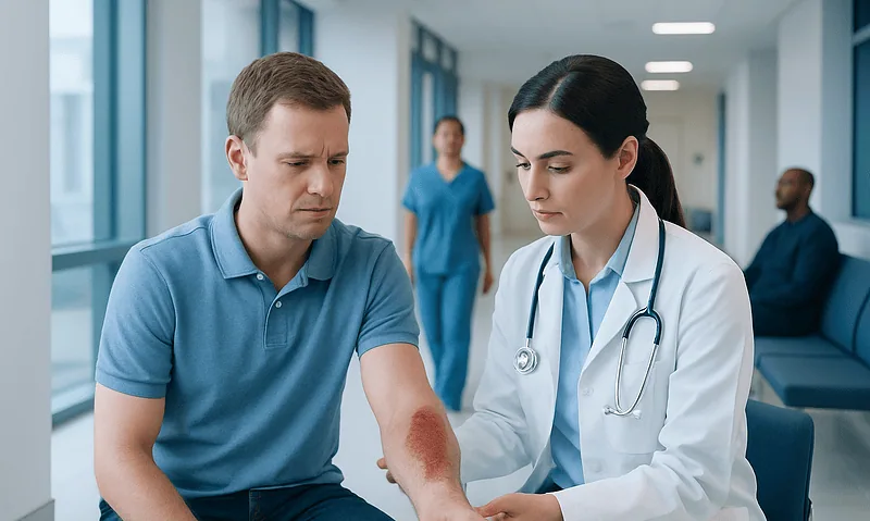 Doctor examining a patient's arm with a burn injury in a hospital corridor.