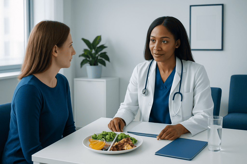 Doctor consulting patient about healthy eating and meal planning.