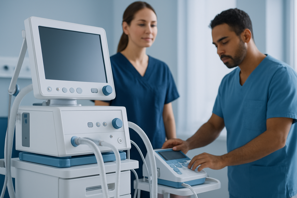 Medical professionals operating ultrasound equipment in a hospital setting.