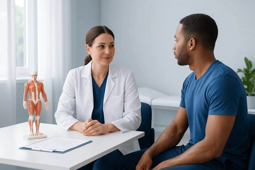 Doctor consulting patient about upper body health and exercises.