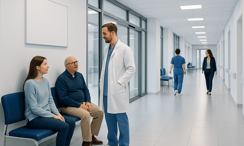 Medical consultation in a modern hospital corridor with doctor and patients.