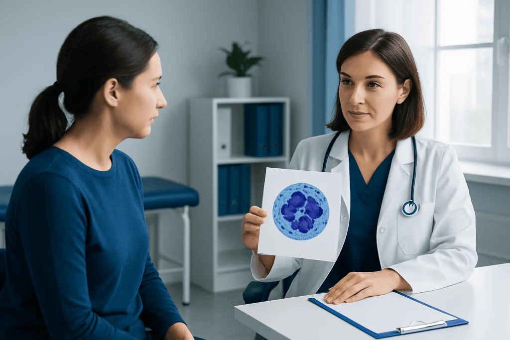 Doctor explaining blood cell analysis to patient in a medical consultation room.