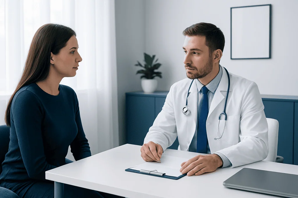 Doctor consulting with a female patient in a modern clinic setting.