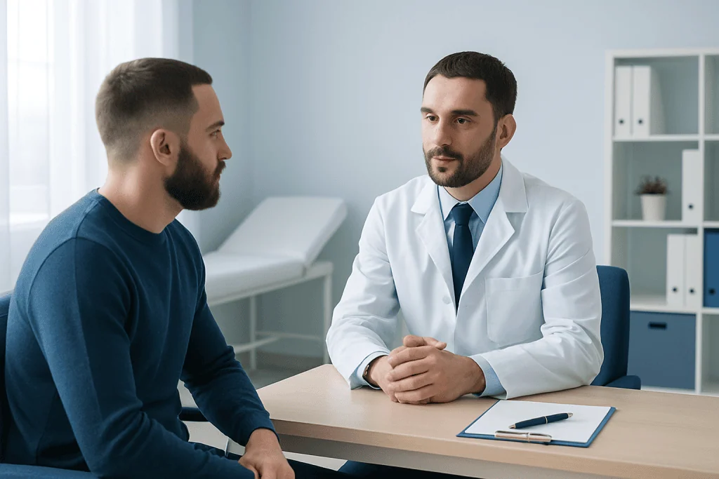 Doctor consulting with patient in a medical office setting.