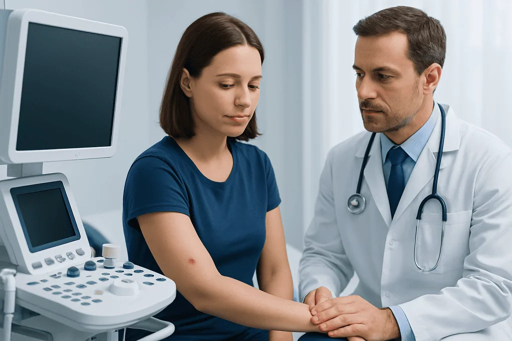 Doctor examining a woman's arm after a bee sting in a medical clinic.
