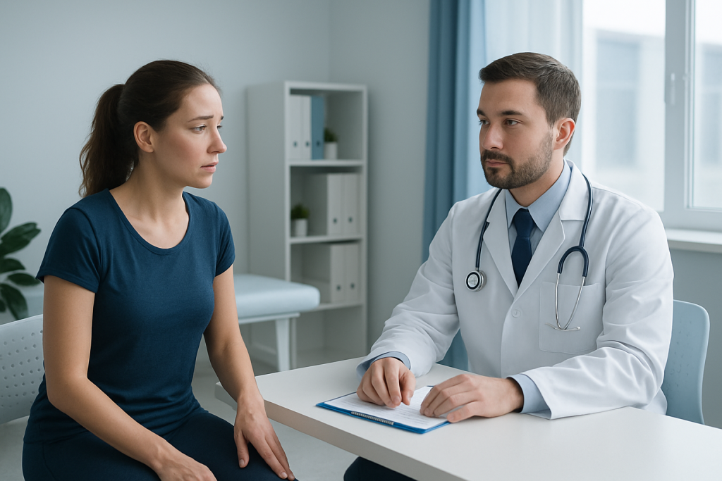 Doctor consulting with a woman patient in a medical office setting.