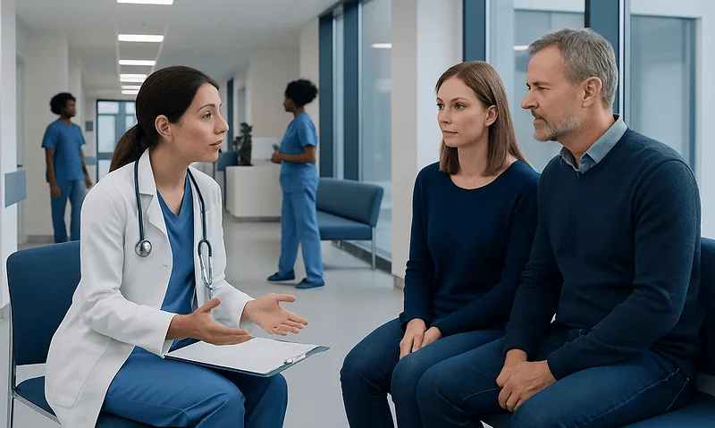 Doctor explaining biopsy procedure to patients in hospital corridor.