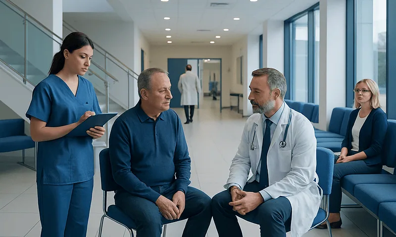 Doctor consulting with patient in hospital corridor with medical staff nearby.