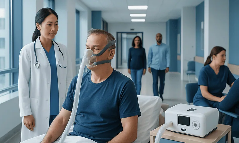 Patient using a CPAP machine in a hospital room with medical staff nearby.