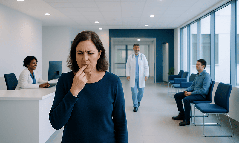 Woman appears confused or worried in a hospital waiting area.