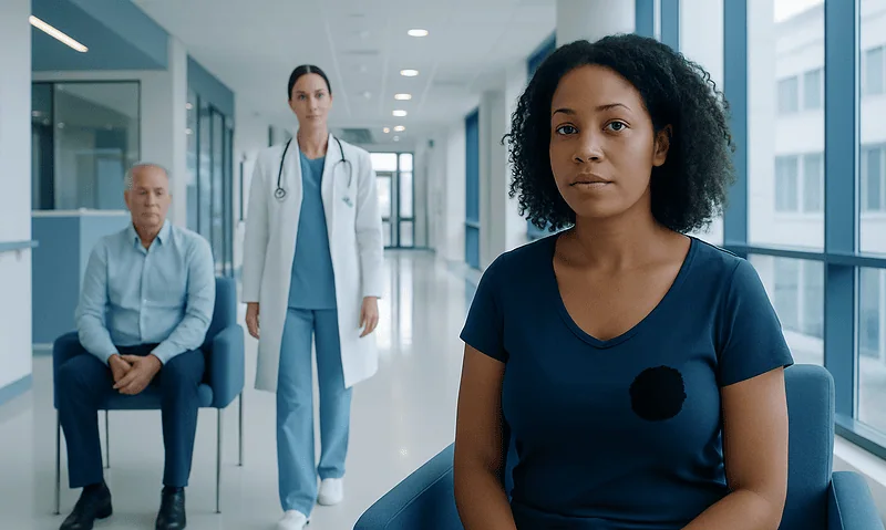 Black Patch on Breast: What Is Normal, What Is Not, and When to Seek Care 12 Woman with breast patch in hospital waiting area with medical staff nearby.