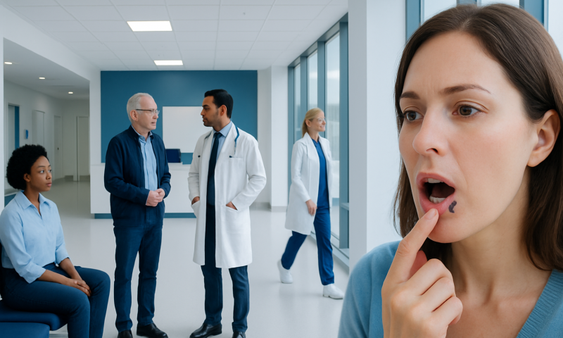 Woman examining mouth with concern in hospital corridor.
