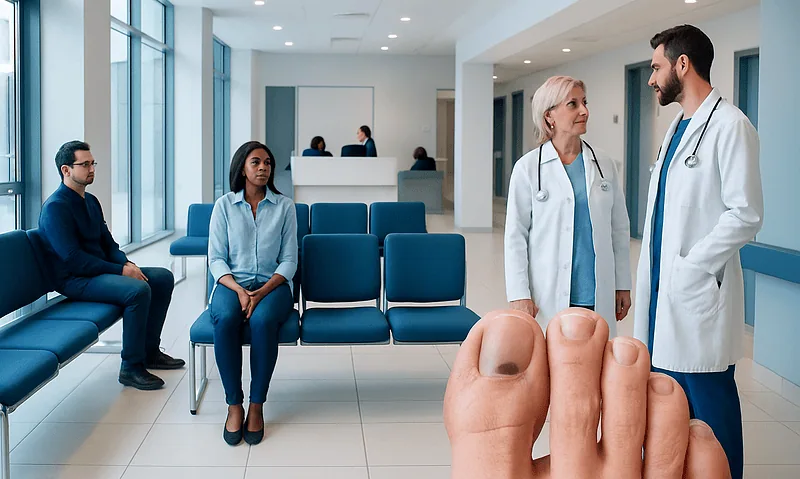 Medical consultation in a modern hospital waiting area with doctors and patients.