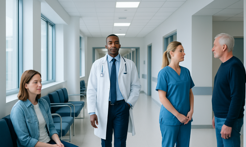 Medical team consulting in hospital corridor with patients and staff.