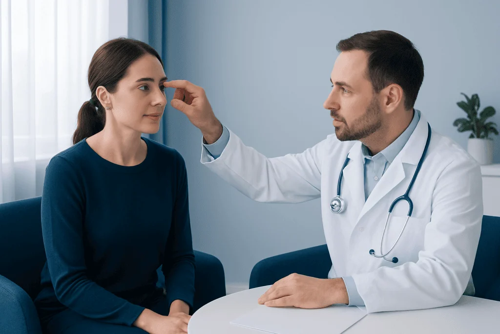 Doctor examining patient's eye during consultation at Acibadem Hospital.