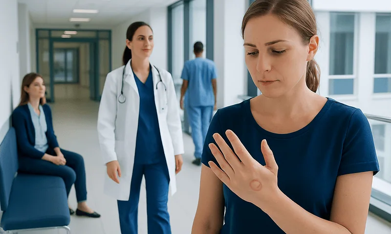 Young woman with a blister on her hand in a hospital corridor.