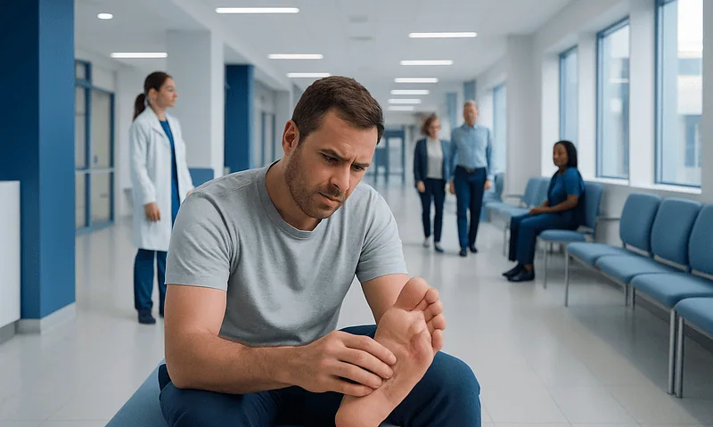 Man with foot pain in hospital corridor, medical staff in background.