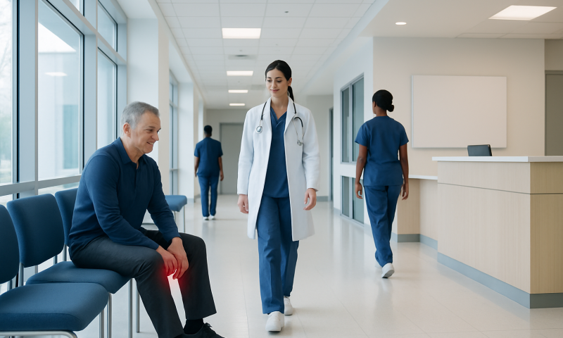 Patient with knee pain consulting with healthcare professionals in hospital corridor.